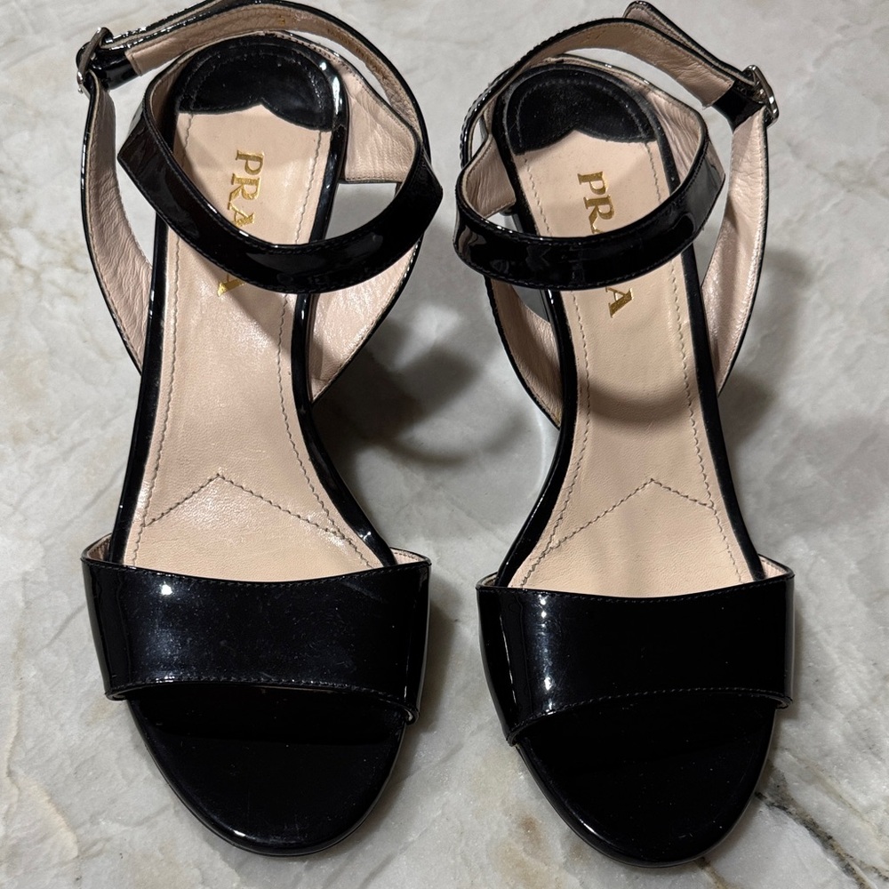 Prada Women's Black Wedge Patent Leather Size-7